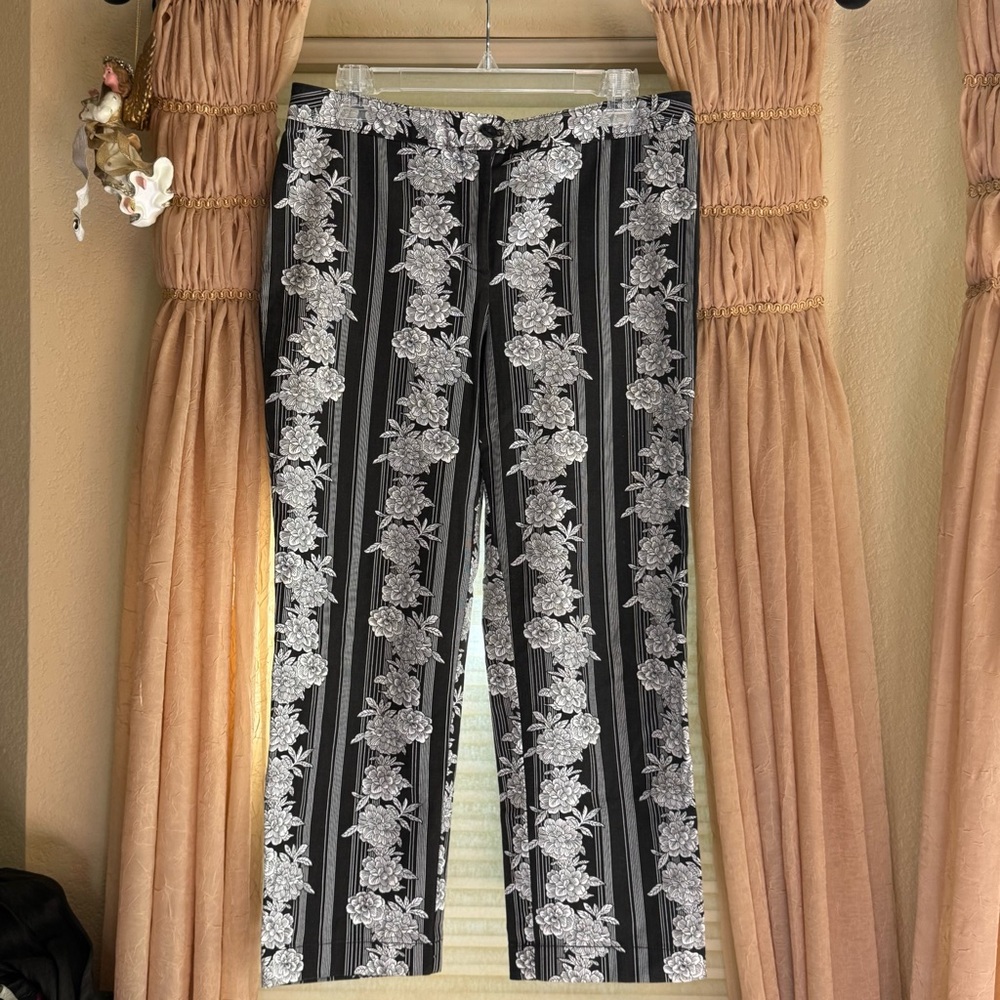 LOFT Black and White Floral Striped Cropped Pants
